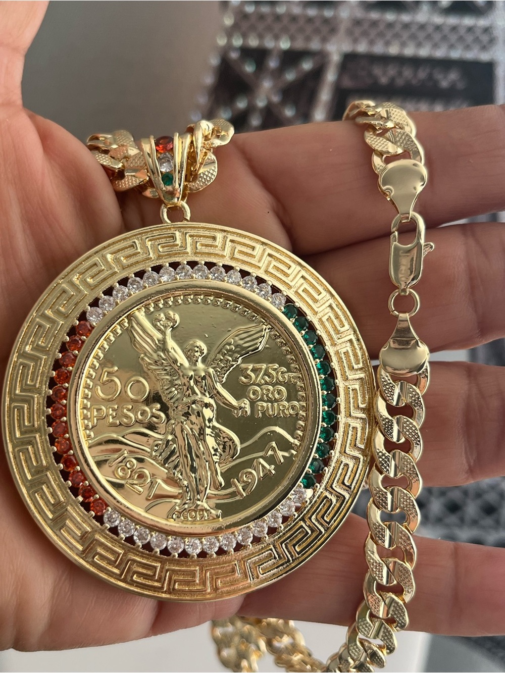 Gold-Tone 50 Pesos Medallion Necklace with Multicolor Stone Halo